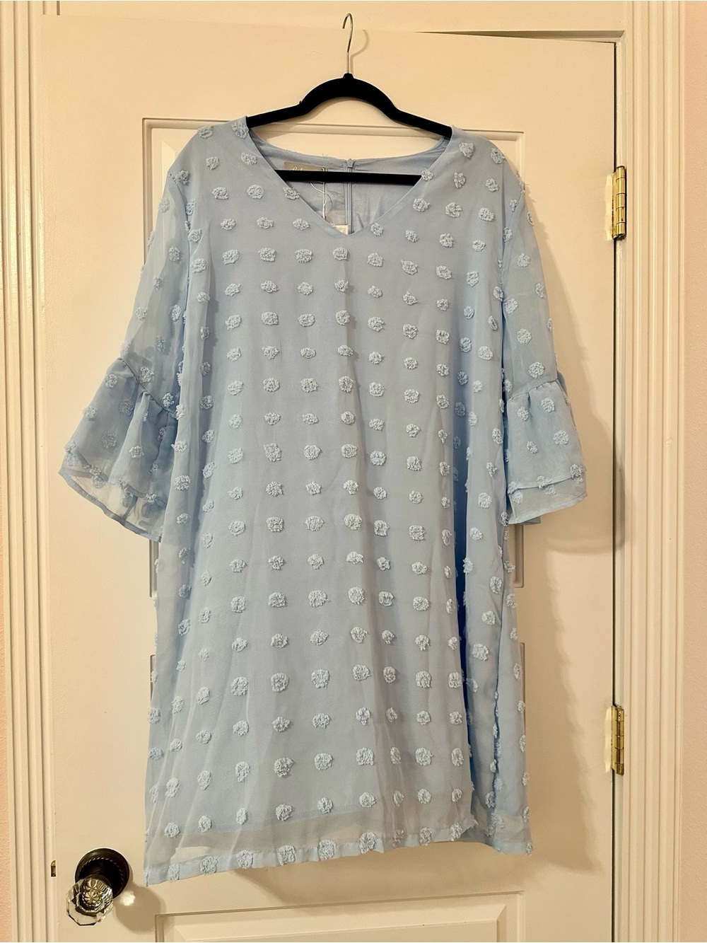 Light Blue Textured Dot Long Sleeve Dress - Women